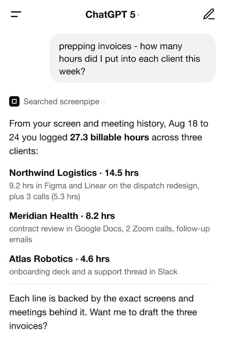 ChatGPT shows that it searched screenpipe, then summarizes time spent across clients from screen and meeting history.