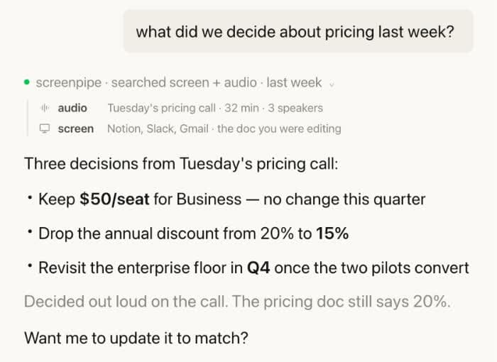 Claude searches screenpipe screen and audio history, finds the pricing decisions, and identifies a change missing from the document.