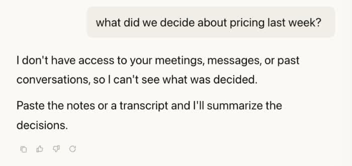 Claude cannot access the pricing discussion and asks for meeting notes or a transcript.