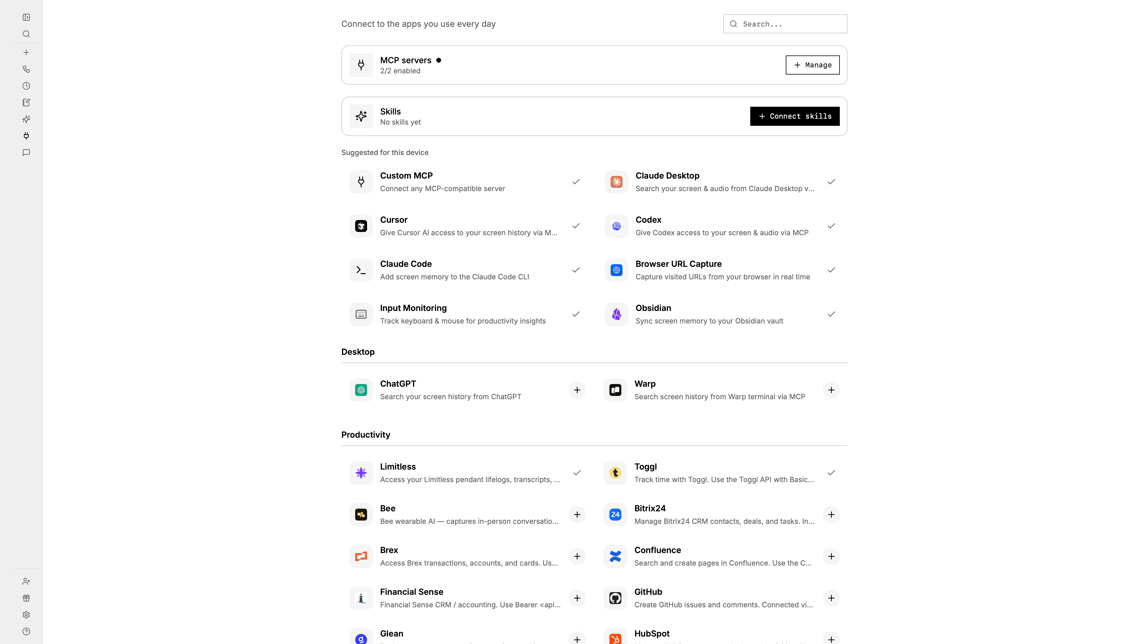 The screenpipe Connections page showing Claude Desktop, Claude Code, Codex, Cursor, and other integrations