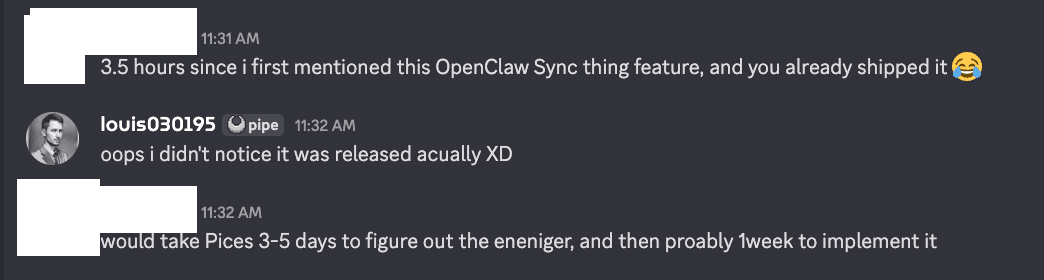 Discord feedback from Menelaus praising how quickly screenpipe shipped an OpenClaw sync feature.