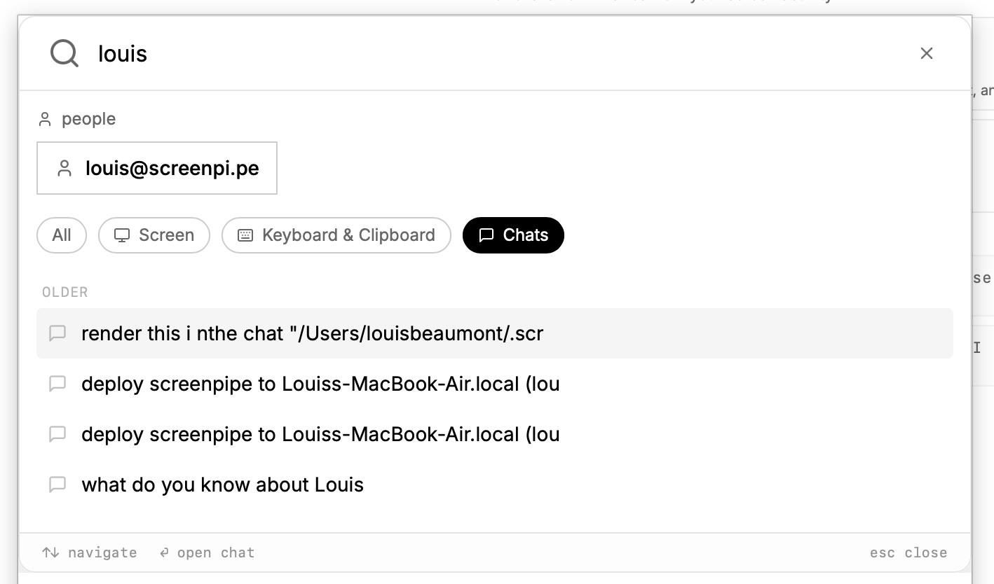 Search chat history with screenpipe