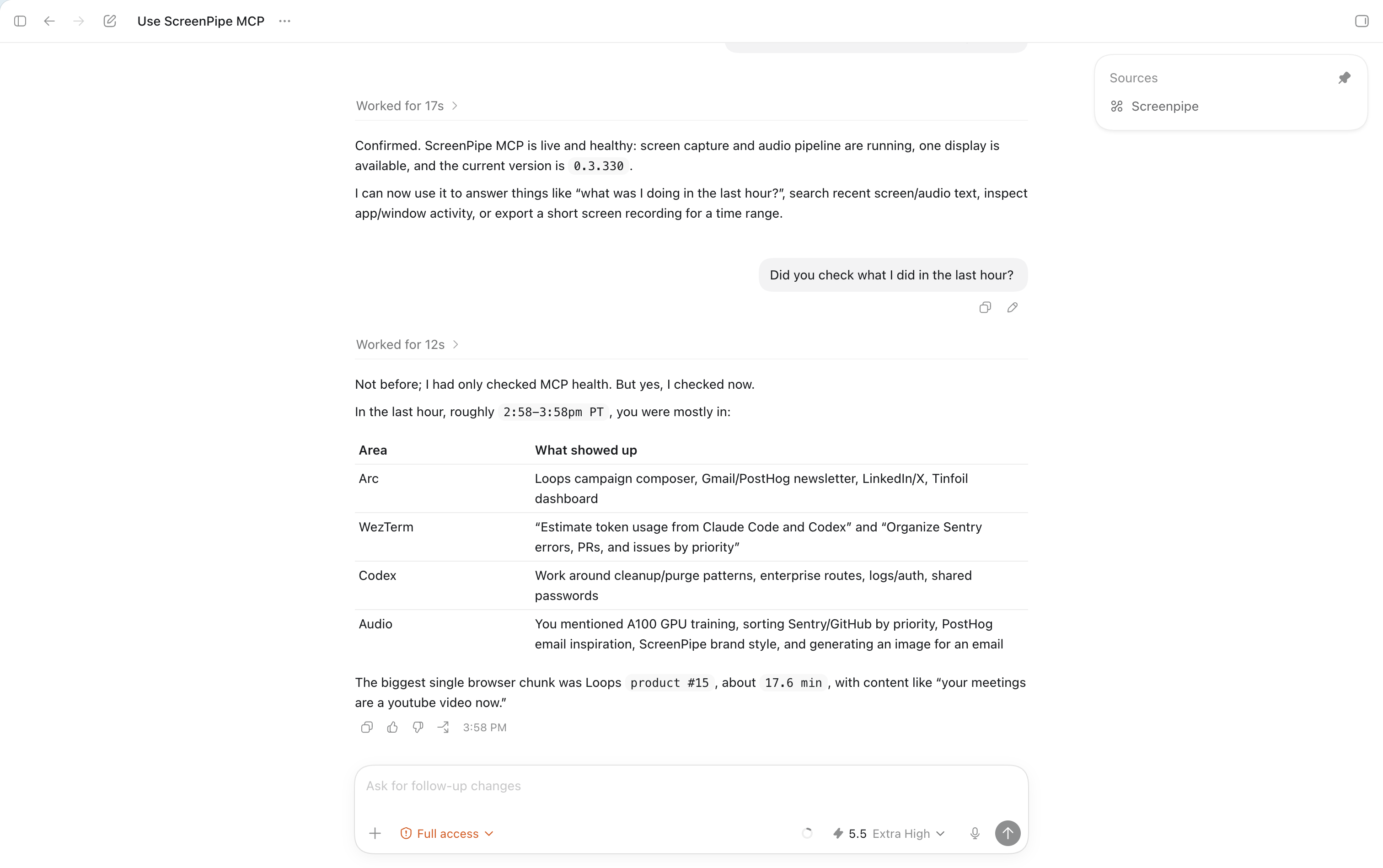 Use screenpipe memory in Codex