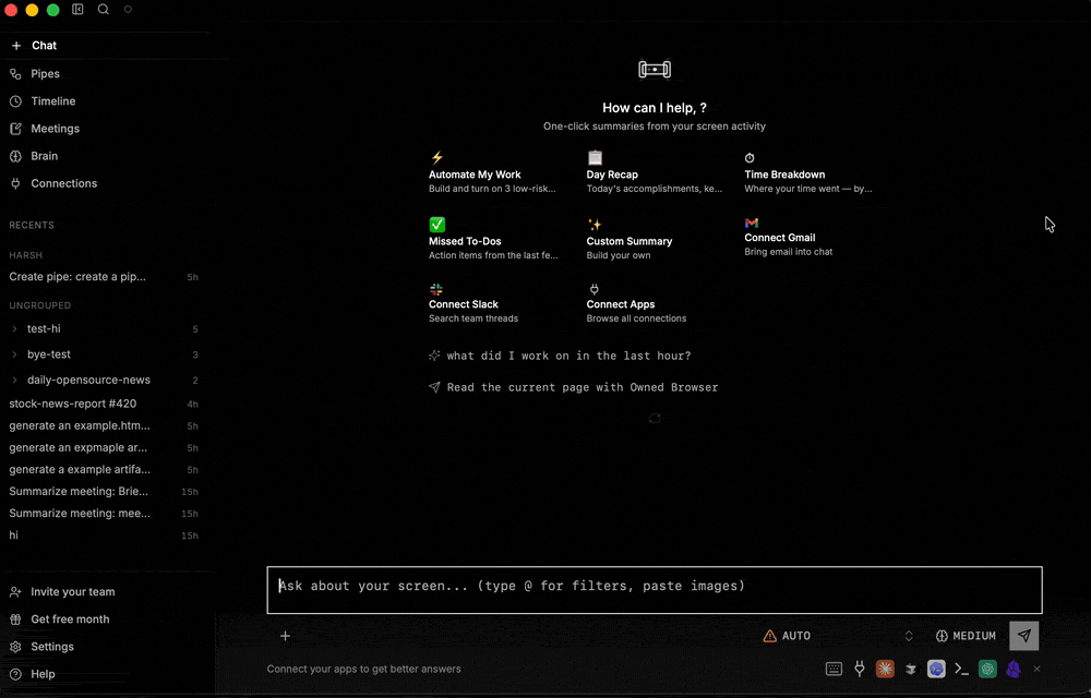 screenpipe chat with mobile-ready agents