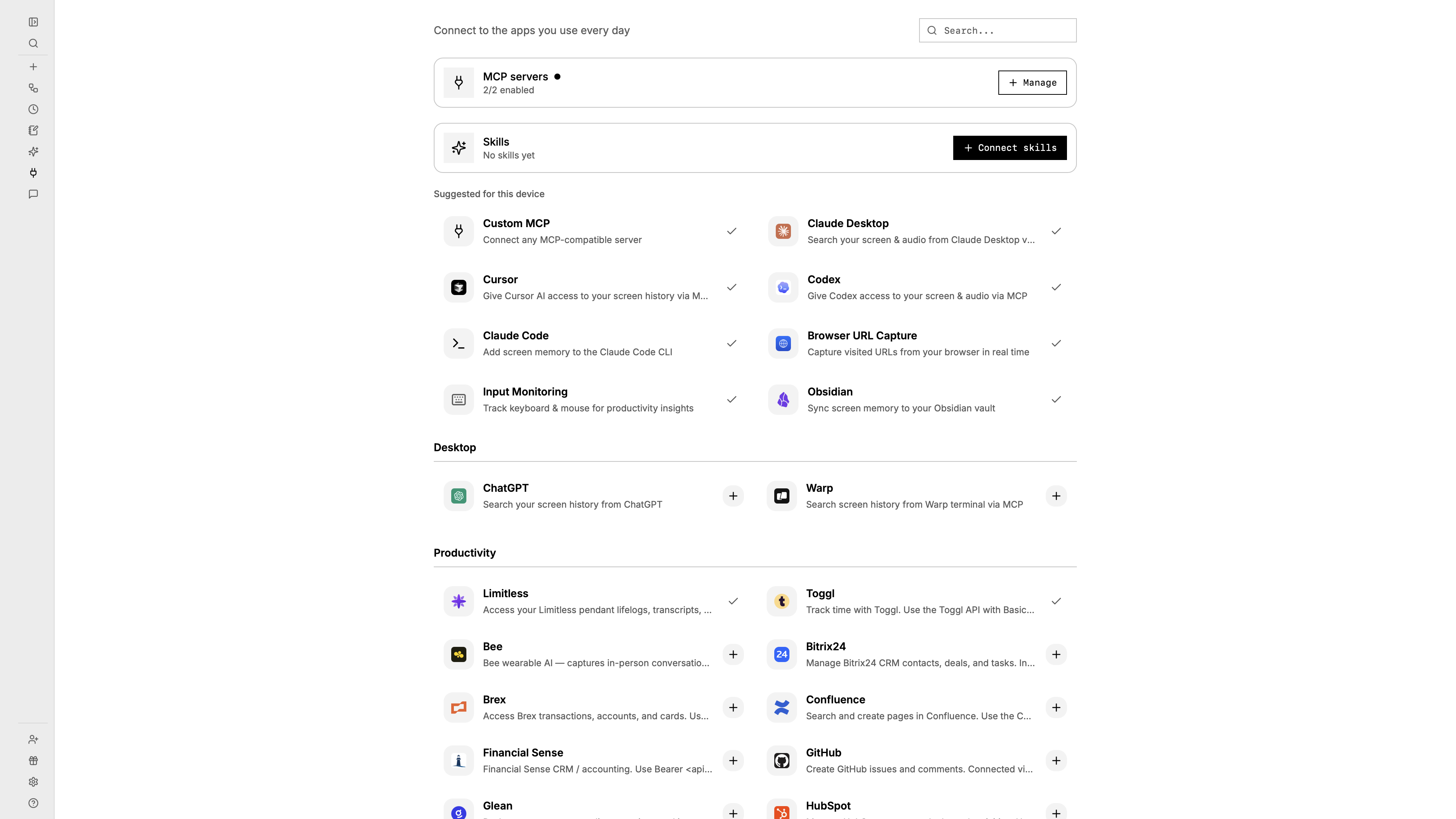 screenpipe connections page