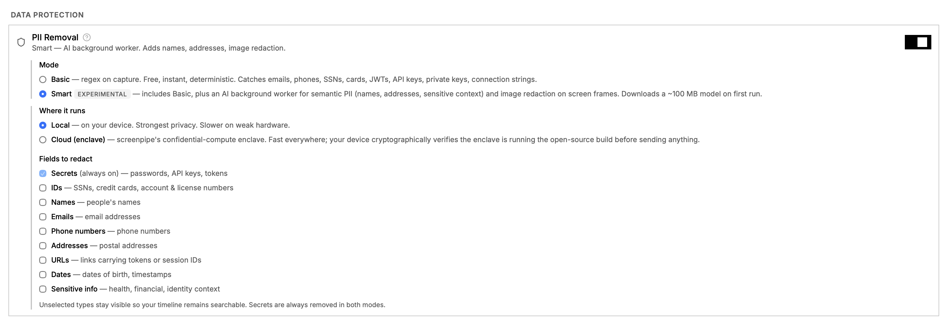 screenpipe privacy and redaction controls