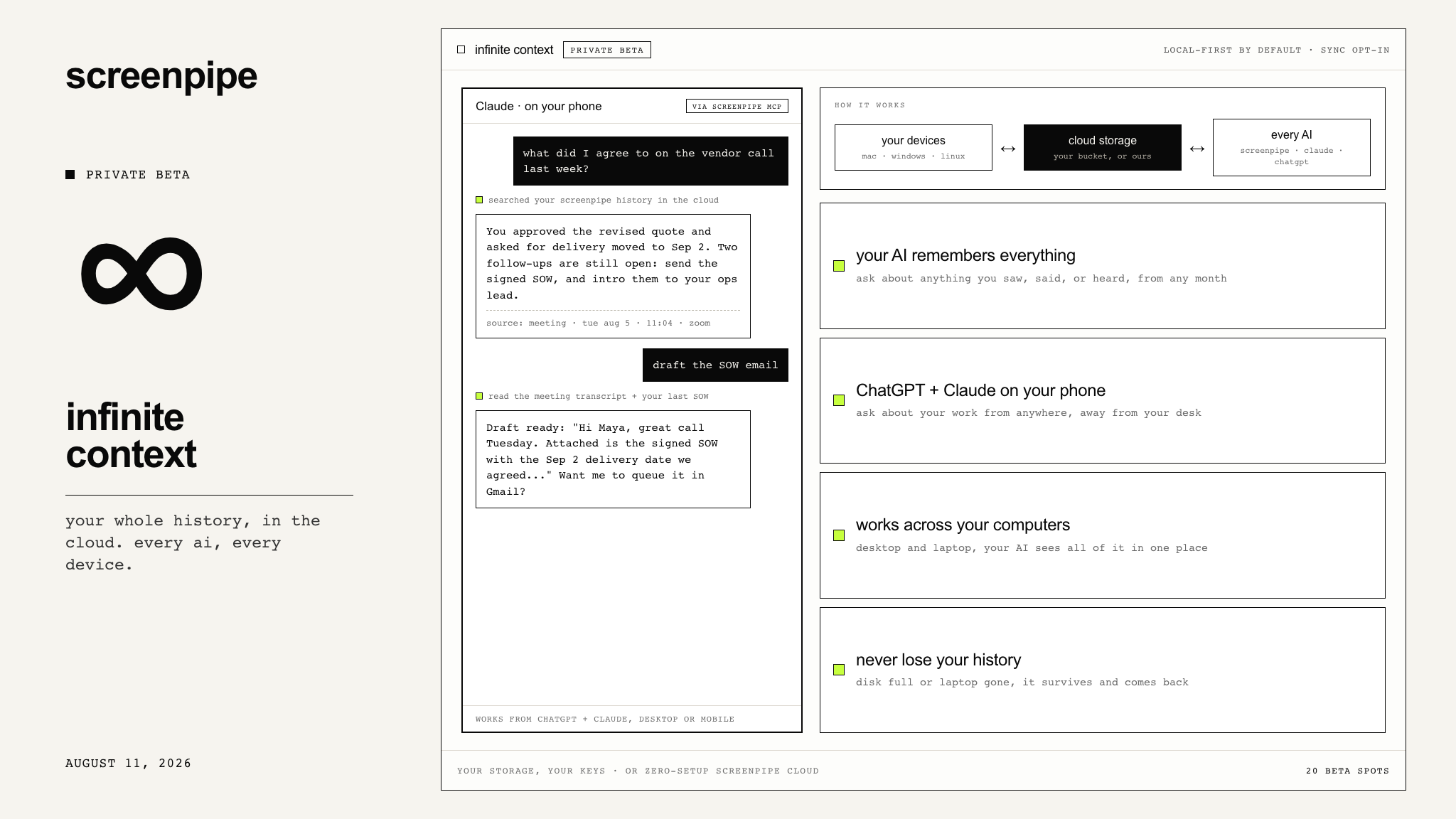 screenpipe infinite context: your whole history in the cloud, for every AI and every device