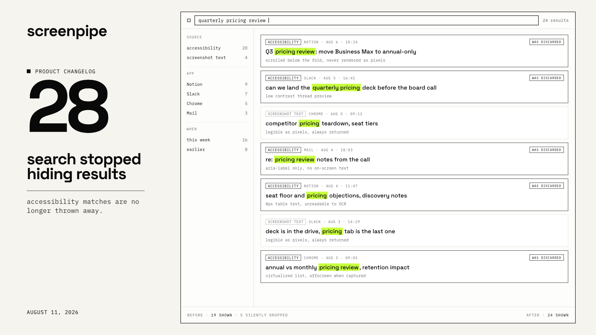 screenpipe changelog 28: search stopped hiding results