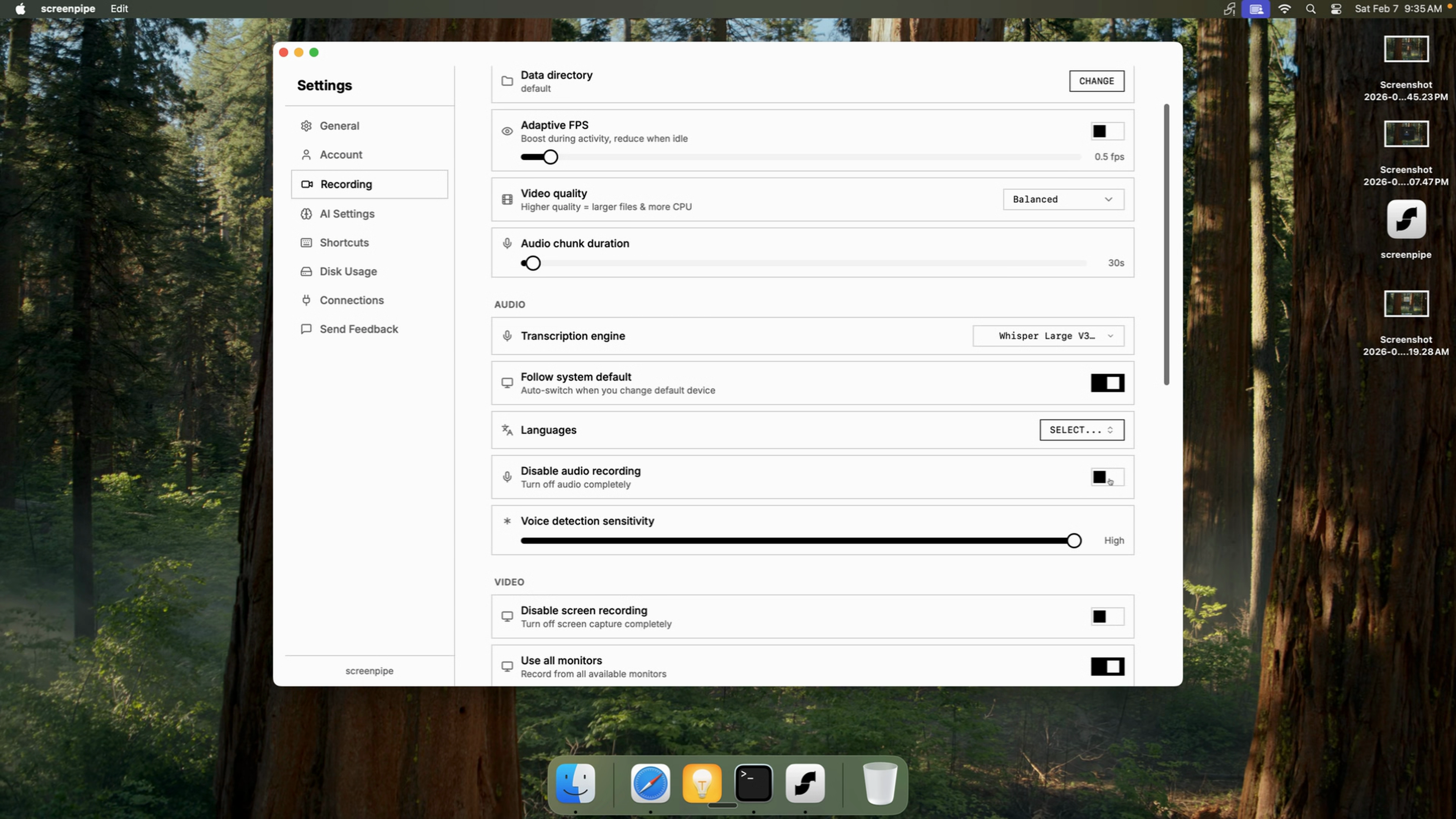 Screenpipe recording settings