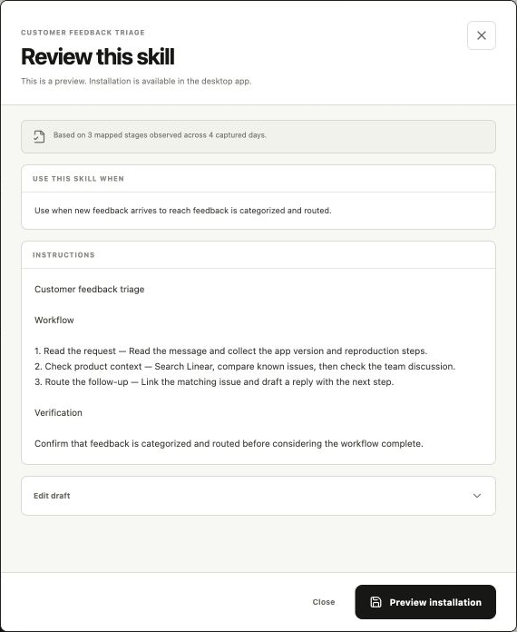 Review a reusable skill in Screenpipe Workflows, shown with fictional example data
