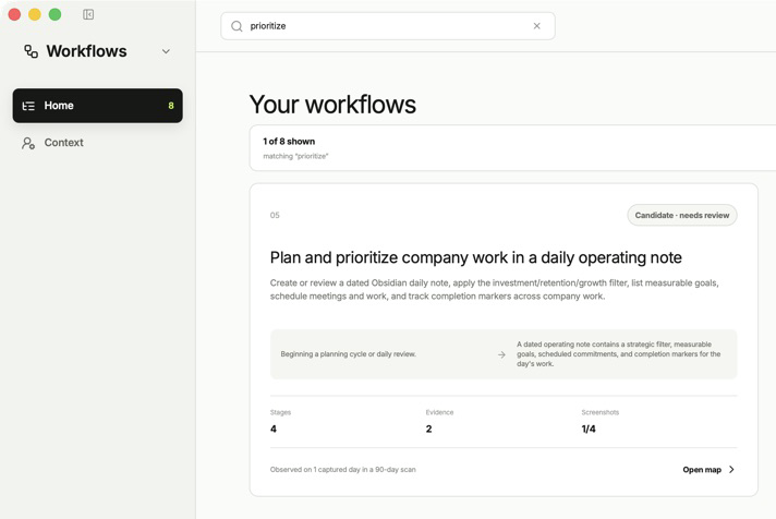 Workflows in the normal Screenpipe app, showing a daily planning workflow